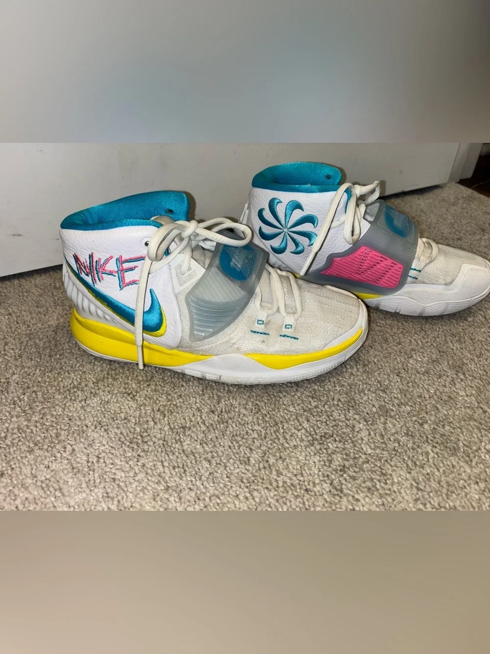 Nike Kyrie 6 Kids White High-Top Sneakers with Teal & Yellow Accents